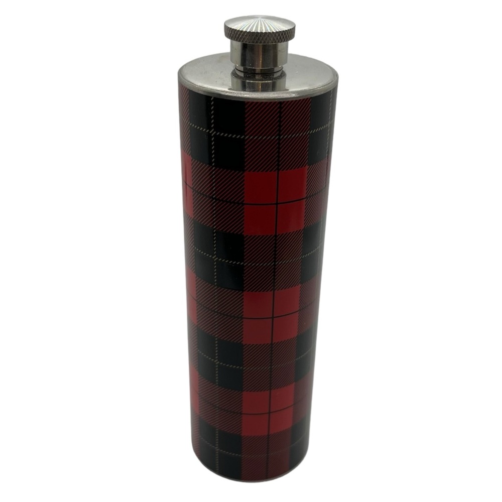 Fred Retro Red Plaid Flask, Metal Cylindrical